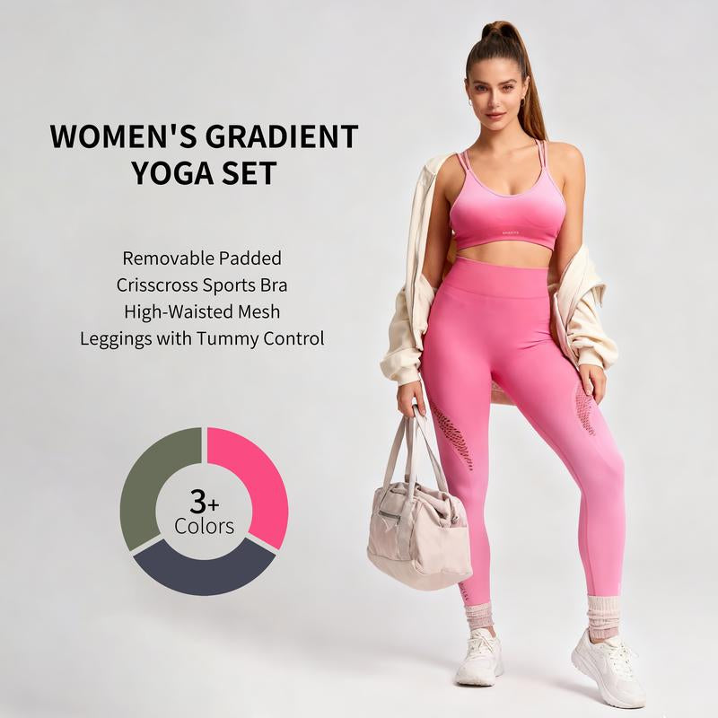SHAFITS Christmas Holiday Gift Xmas Women'S Gradient Yoga Set – Viral Matching Workout Outfit, Crisscross Padded Sports Bra & High-Waisted Mesh Leggings with Tummy Control,All-Day Wear